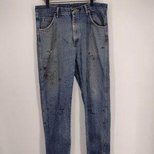 Wrangler Paint Stain Holes Distressed Regular Fit Denim Blue Jeans
